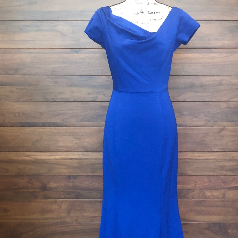 Draped Neck Short Sleeve Floor length Dress Blue